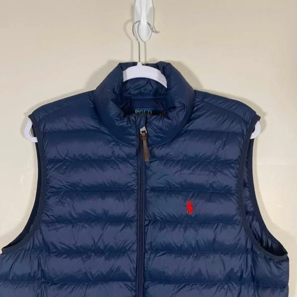 Polo Ralph Lauren Packable Down Vest Mens Medium Navy Blue Red Pony Preppy